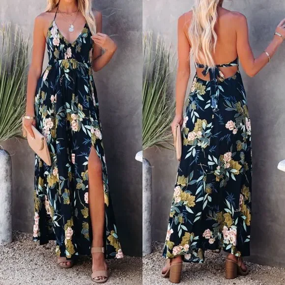 Navy blue floral backless maxi dress vacation smocked halter Easter - Picture 1 of 2